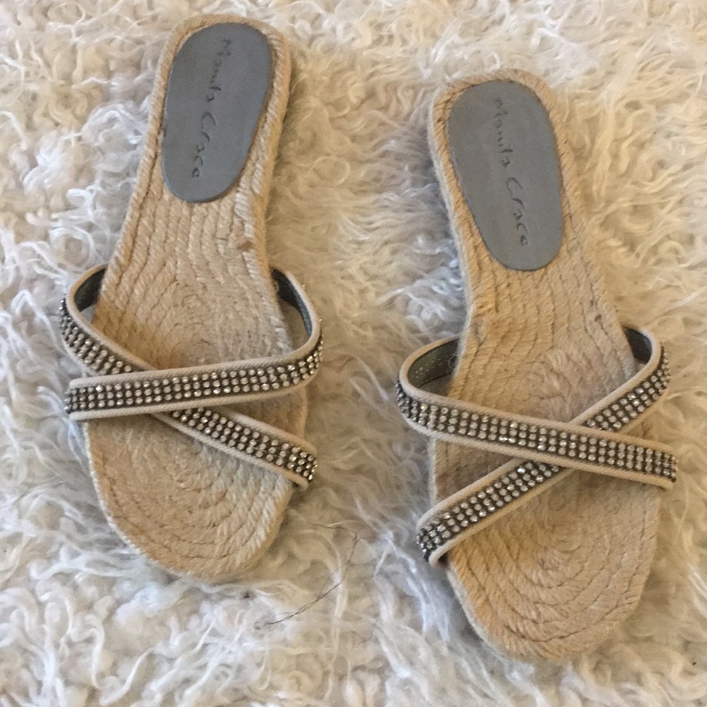 Manila Grace Rhinestones Strap Flat Sandals Sz 38 Slides Made in Italy NWT